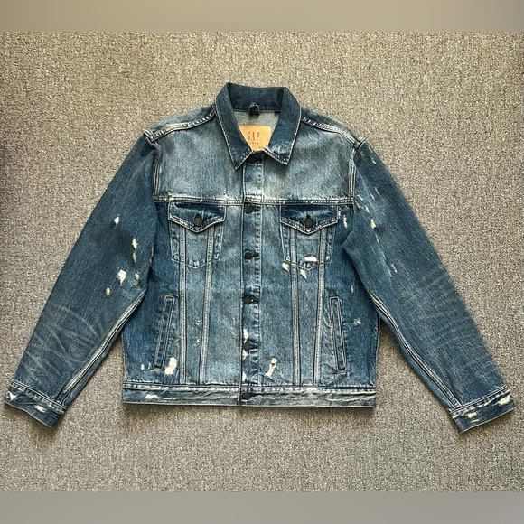 NWOT GAP 1969 Mens Denim Jacket Distressed Indigo Size XL - Picture 1 of 15